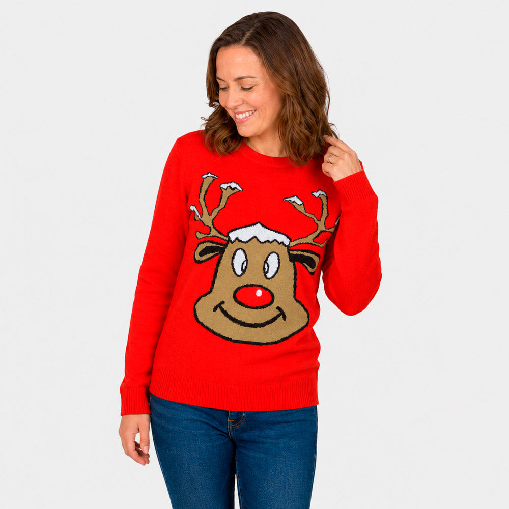 Red Family Ugly Christmas Sweater with Smiling Reindeer Women