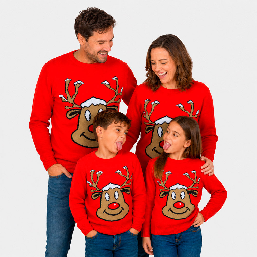 Red Family Ugly Christmas Sweater with Smiling Reindeer
