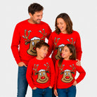 Red Family Ugly Christmas Sweater with Smiling Reindeer
