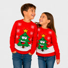 Red Family Ugly Christmas Sweater with Smiling Tree Children
