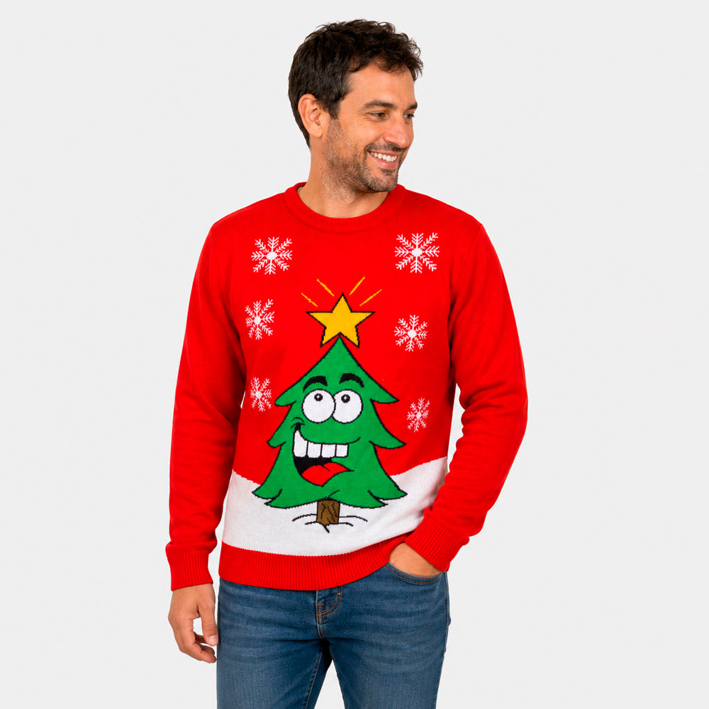 Red Family Ugly Christmas Sweater with Smiling Tree Men
