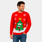 Red Family Ugly Christmas Sweater with Smiling Tree Men

