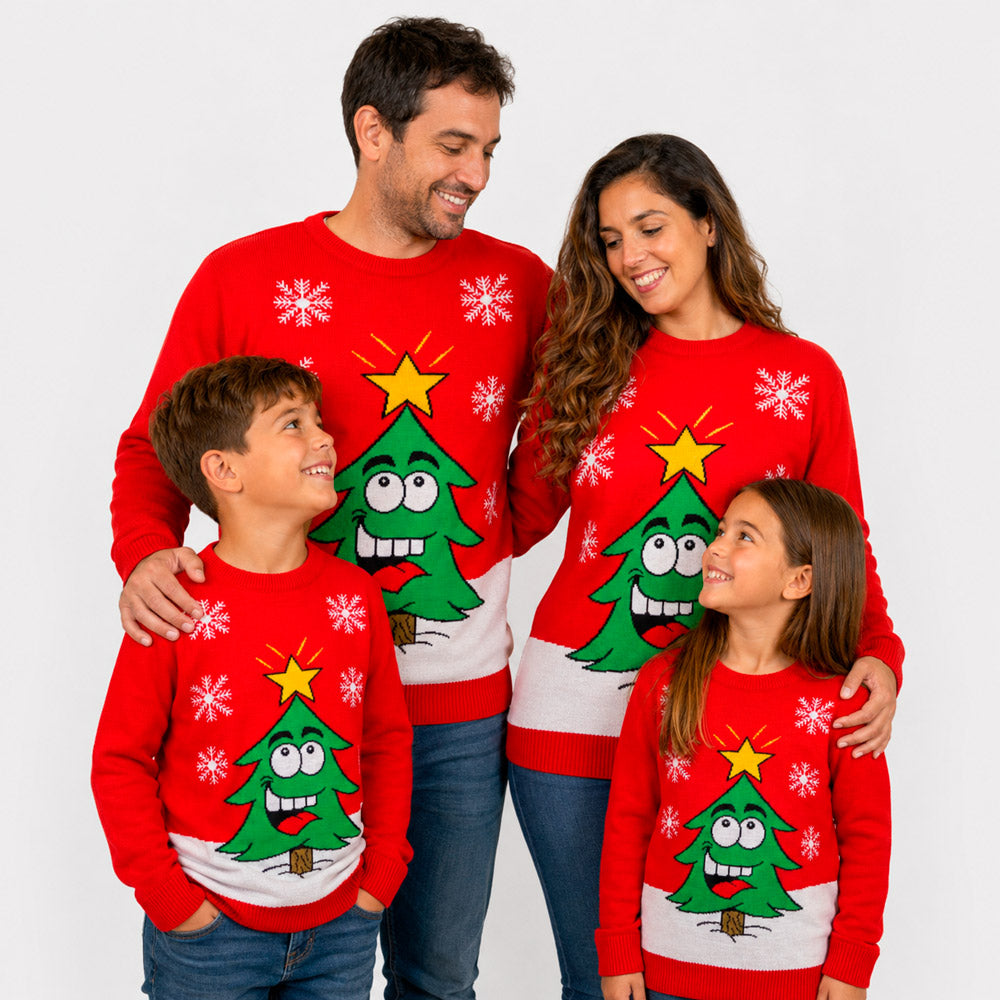 Red Family Ugly Christmas Sweater with Smiling Tree
