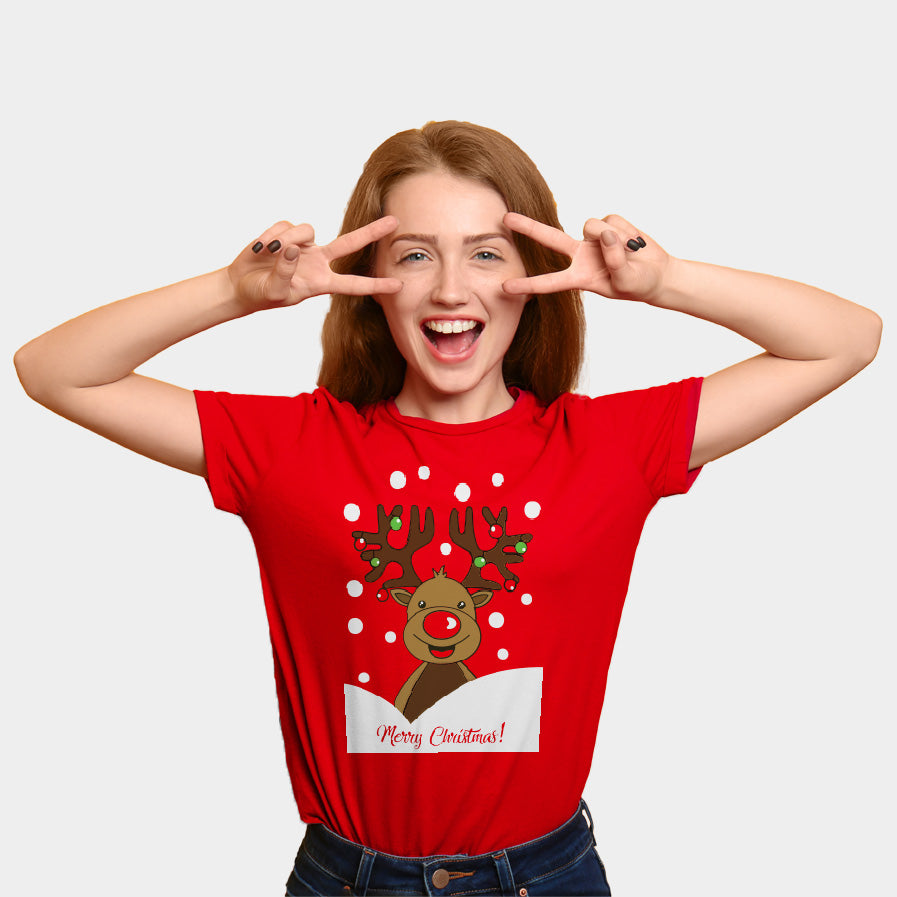 Red Family Ugly Christmas T-Shirt with Rudolph Reindeer Womens