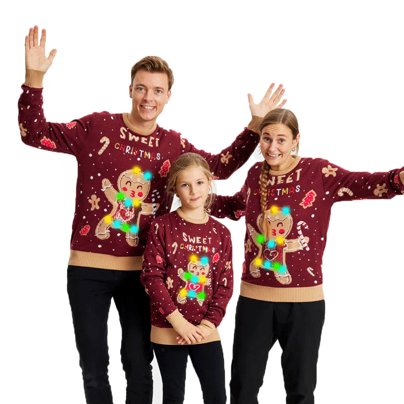 Red LED light-up Boys and Girls Ugly Christmas Sweater with Ginger Cookie family