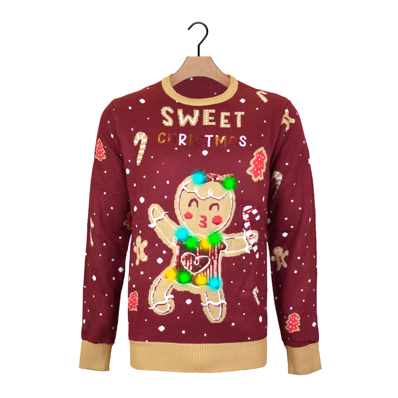 Red LED light-up Boys and Girls Ugly Christmas Sweater with Ginger Cookie