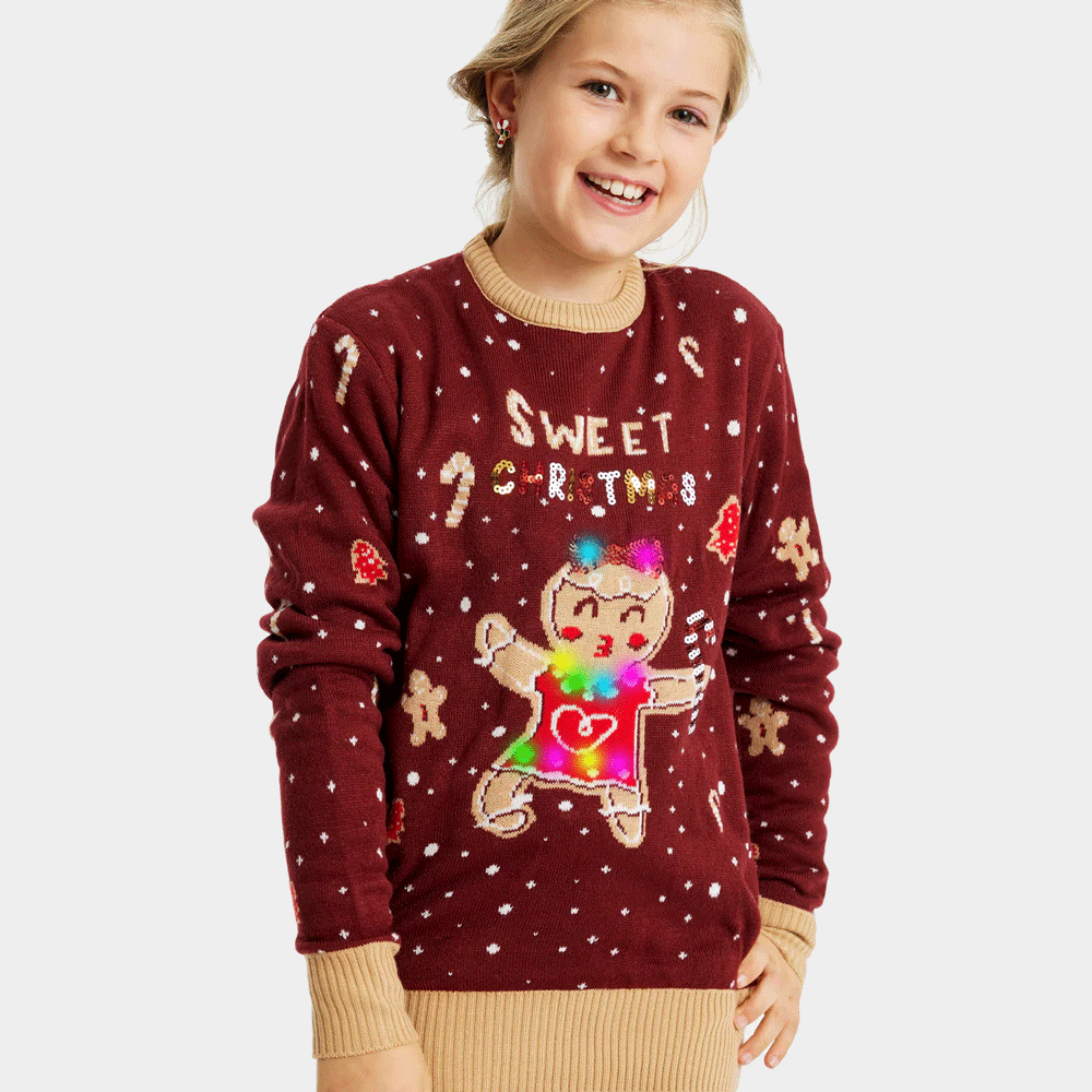 Red LED light-up Boys and Girls Ugly Christmas Sweater with Ginger Cookie