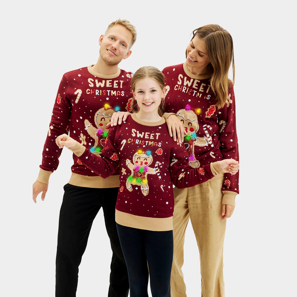 Red LED light-up Boys and Girls Family Ugly Christmas Sweater with Ginger Cookie