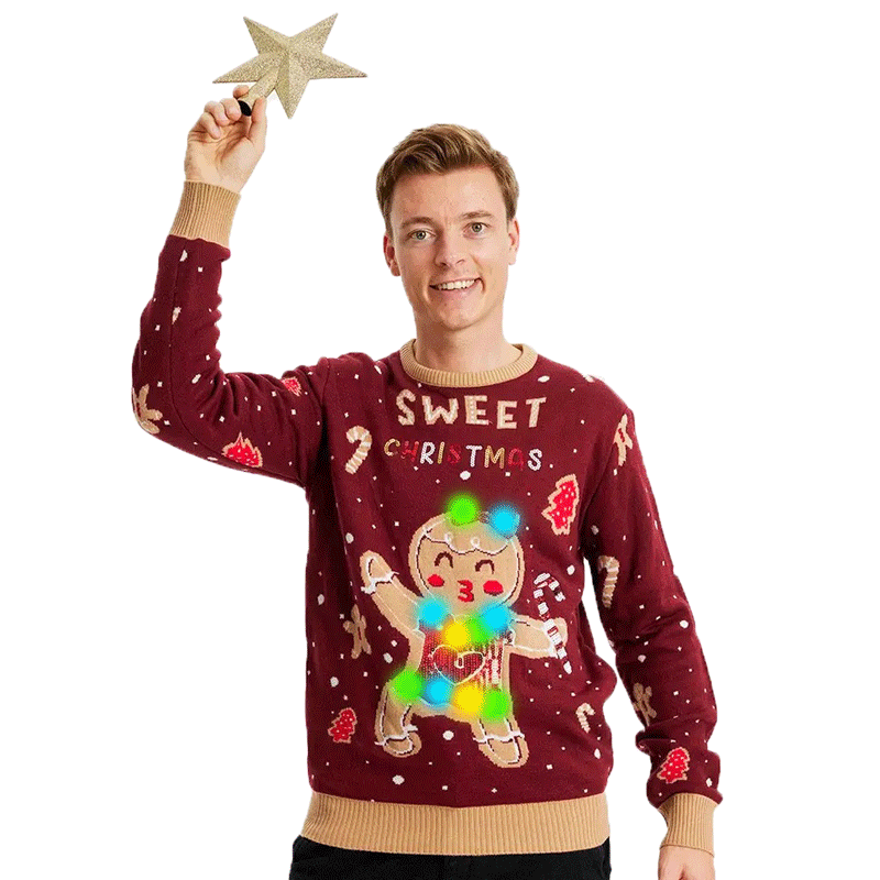Red LED light-up Family Ugly Christmas Sweater with Ginger Cookie mens