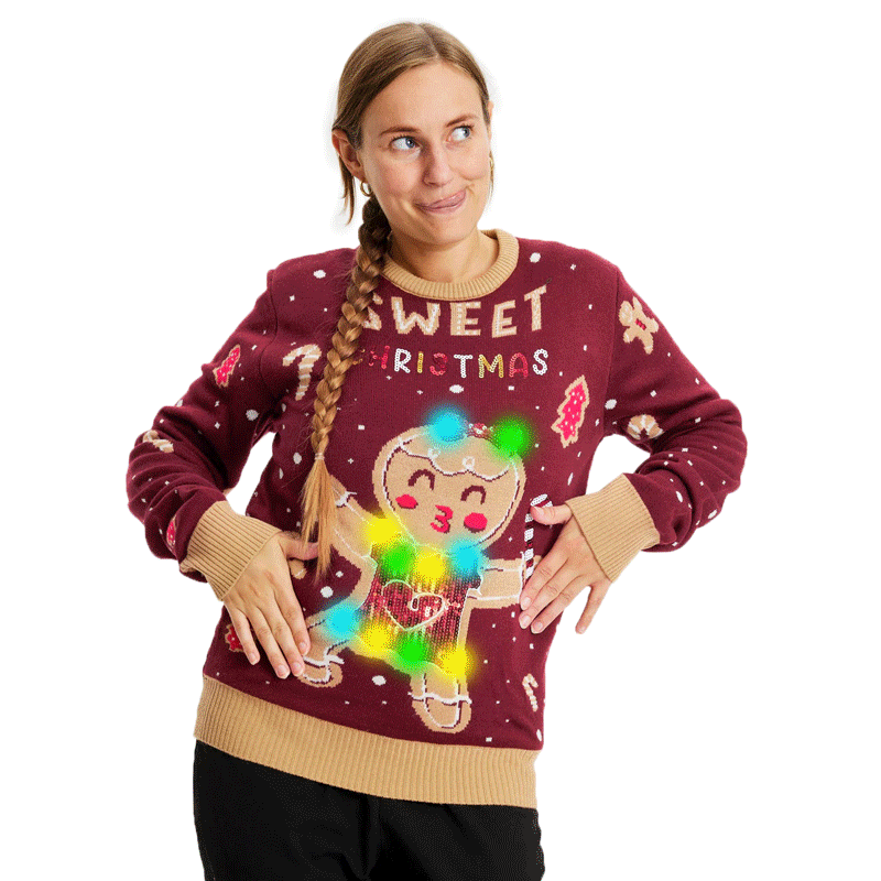 Red LED light-up Family Ugly Christmas Sweater with Ginger Cookie womens