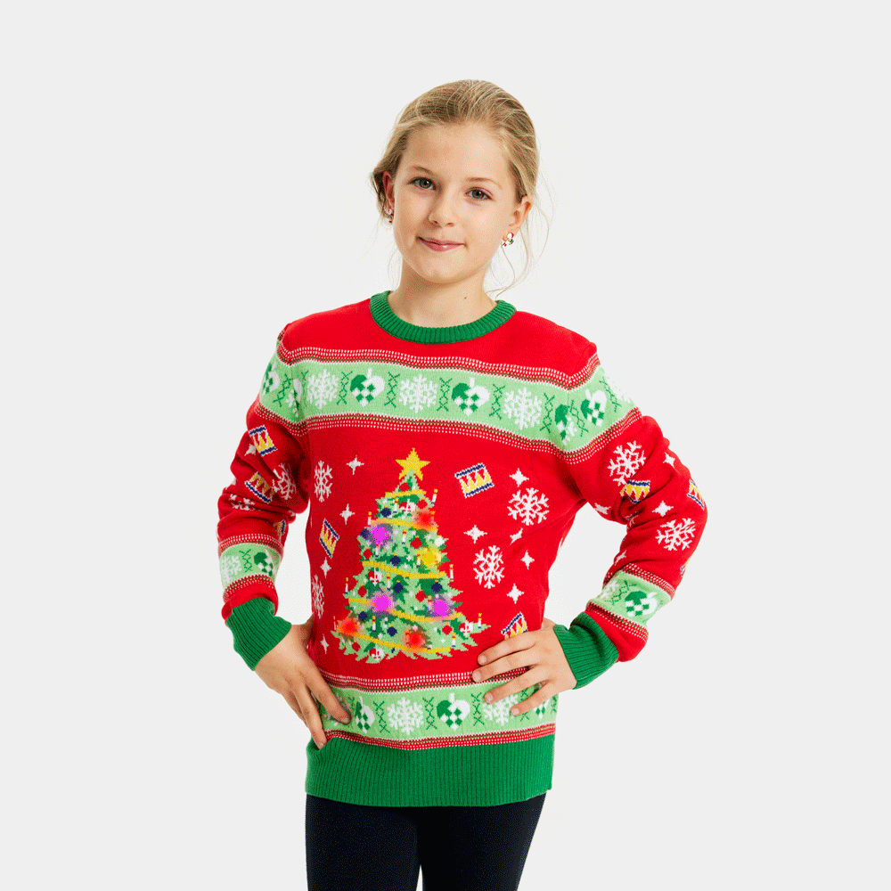 Red LED light-up Girls Ugly Christmas Sweater with Christmas Tree
