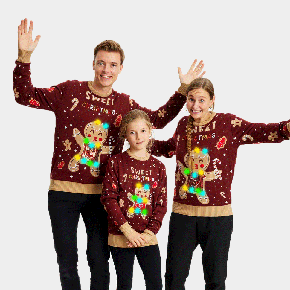 Red LED light-up Mens Ugly Christmas Sweater with Ginger Cookie Family