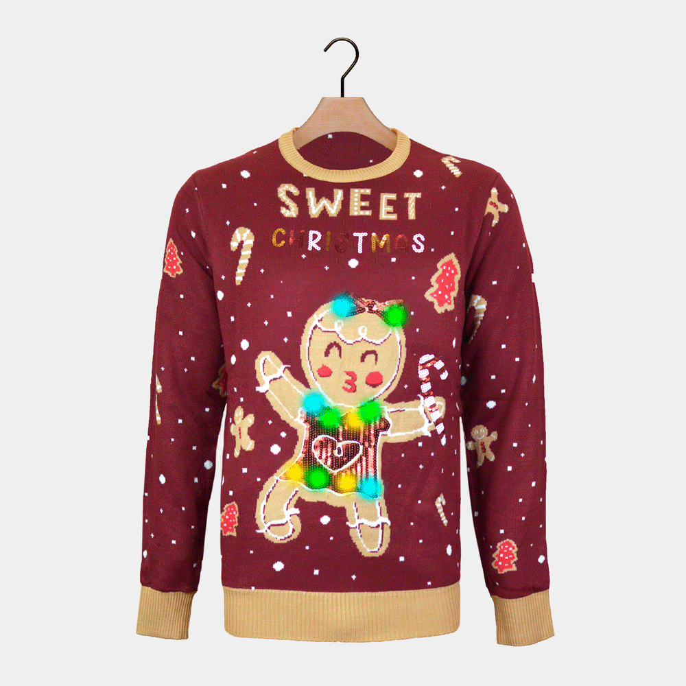 Red LED light-up Men's Ugly Christmas Sweater with Ginger Cookie