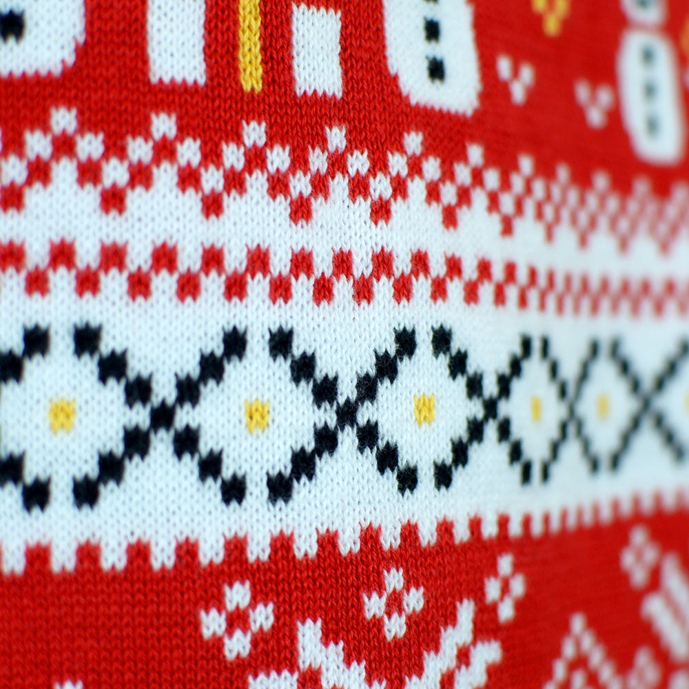 Red Organic Cotton Womens Ugly Christmas Sweater Snowmen Trees detail