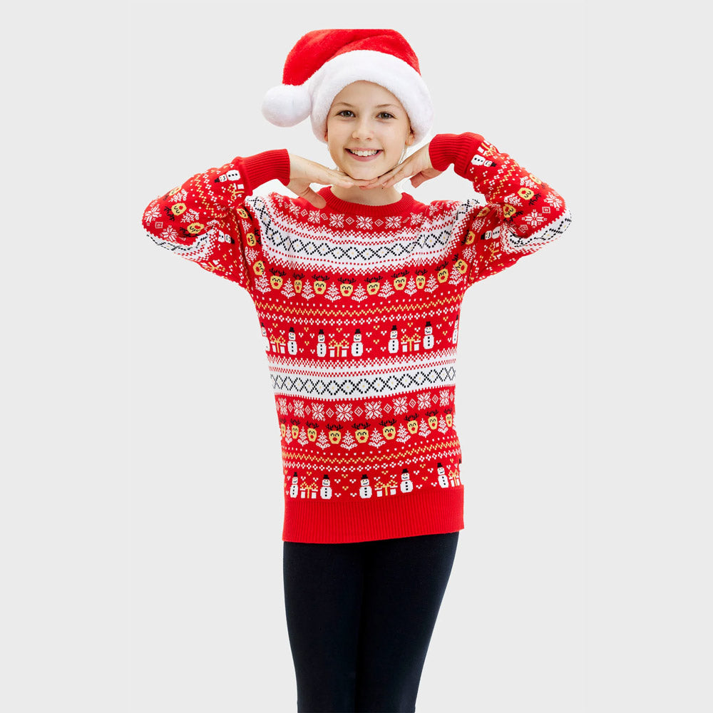Red Organic Cotton Girls Ugly Christmas Sweater Snowmen Trees