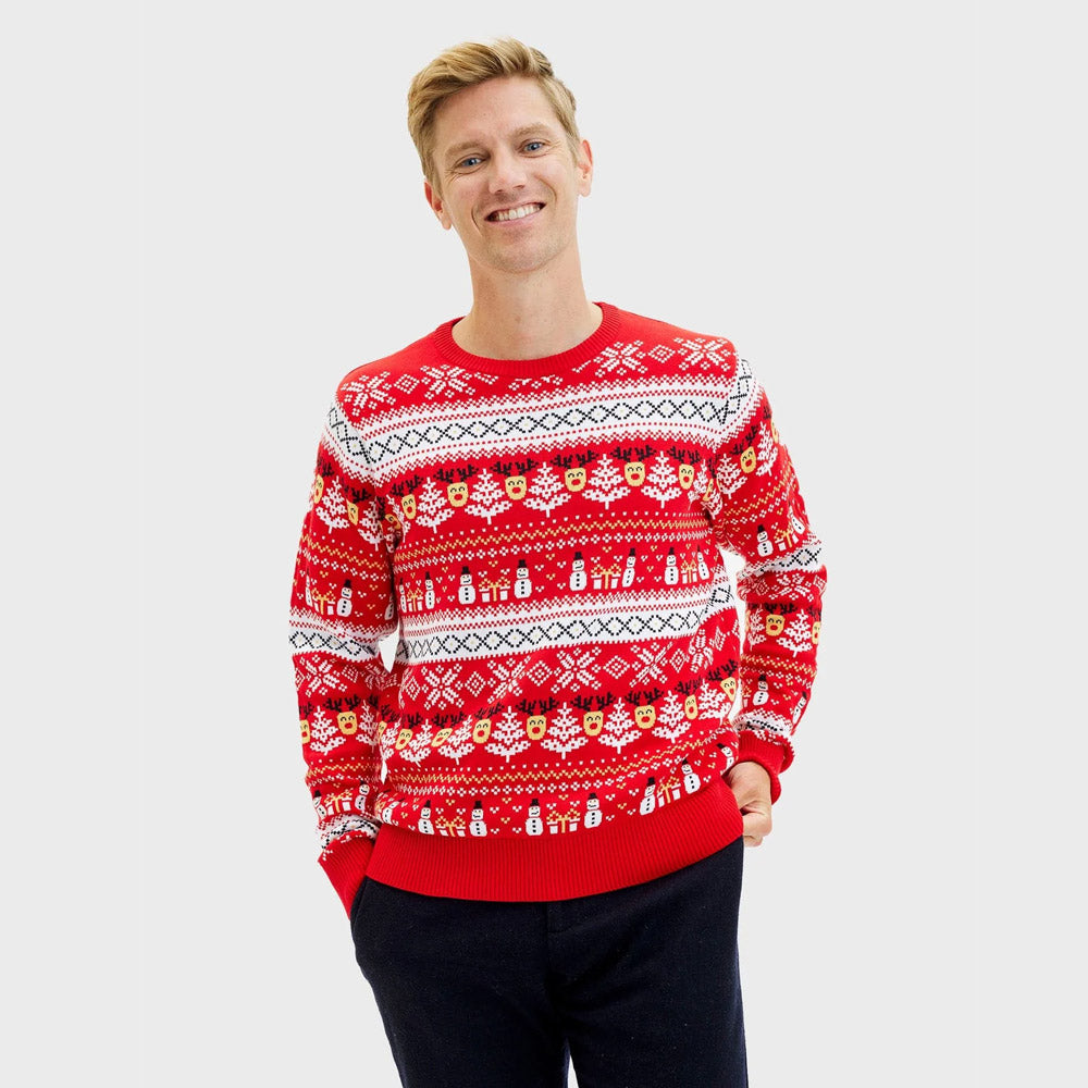 Red Organic Cotton Mens Ugly Christmas Sweater Snowmen Trees