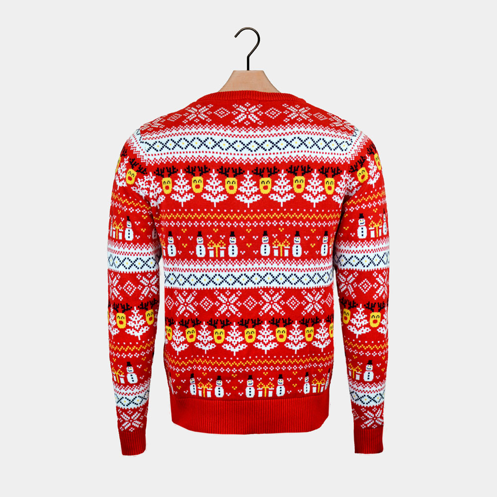 Red Organic Cotton Womens Ugly Christmas Sweater Back Snowmen Trees