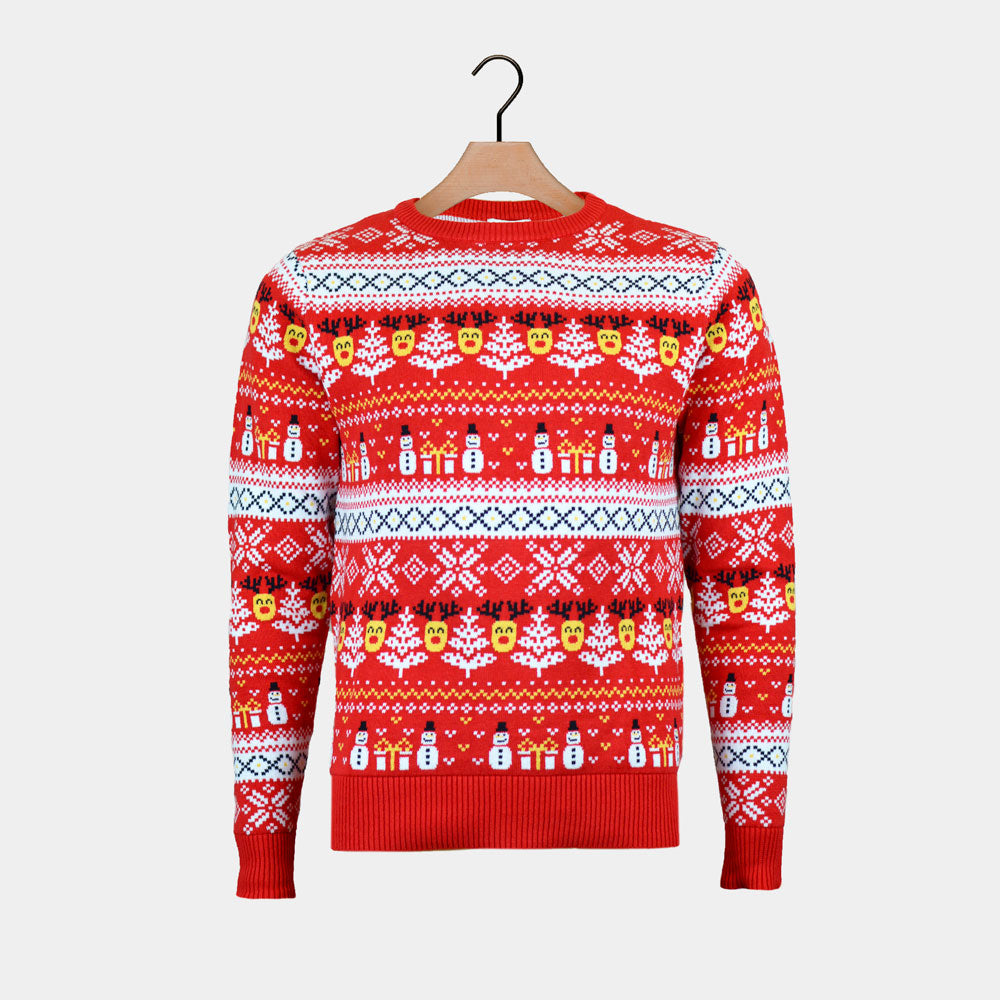 Red Organic Cotton Womens Ugly Christmas Sweater Snowmen Trees