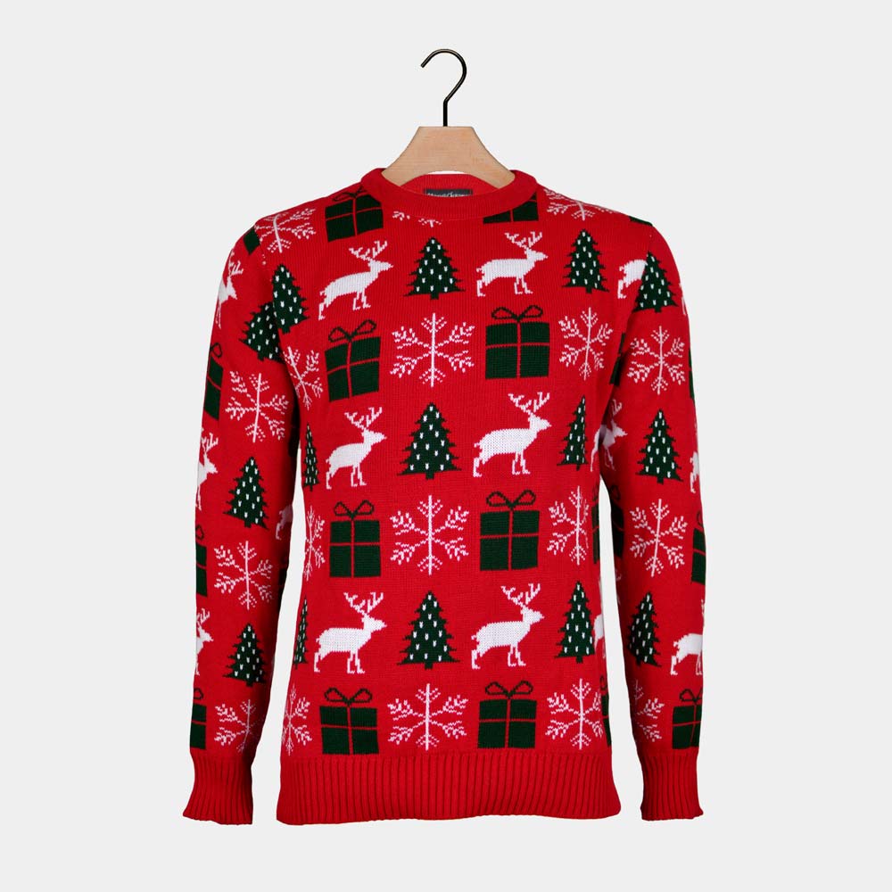 Red Men's Ugly Christmas Sweater Reindeers, Gifts Trees