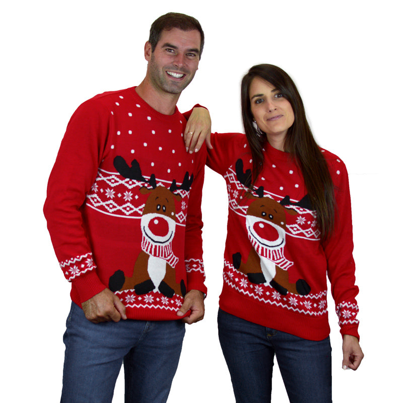 Red Ugly Christmas Sweater with Rudolph the Happy Reindeer couple