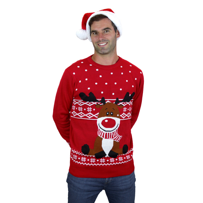 mens Red Ugly Christmas Sweater with Rudolph the Happy Reindeer