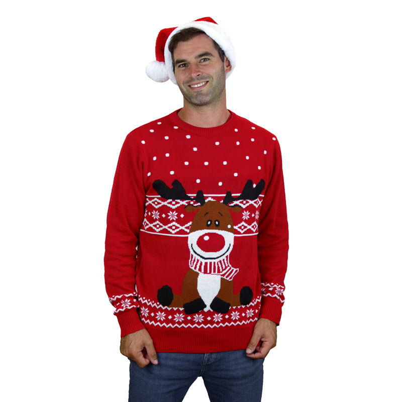 Red Ugly Christmas Sweater with Rudolph the Happy Reindeer mens