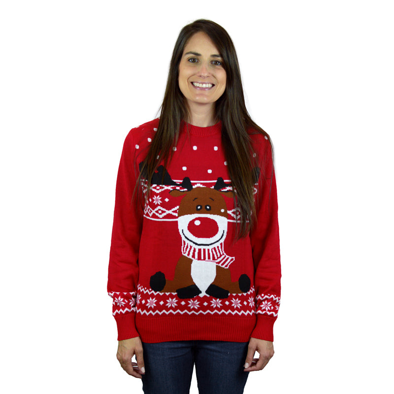 womens Red Ugly Christmas Sweater with Rudolph the Happy Reindeer