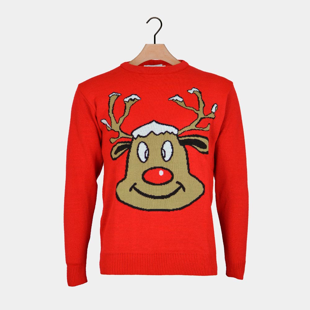 Red Couple's Ugly Christmas Sweater Smiling Reindeer