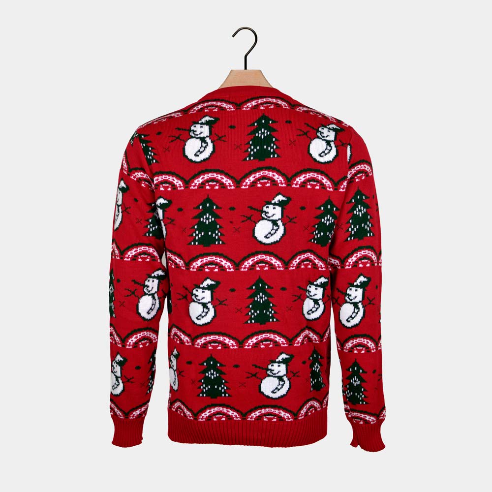 Women's Red Ugly Christmas Sweater with Trees and Snowmens Back