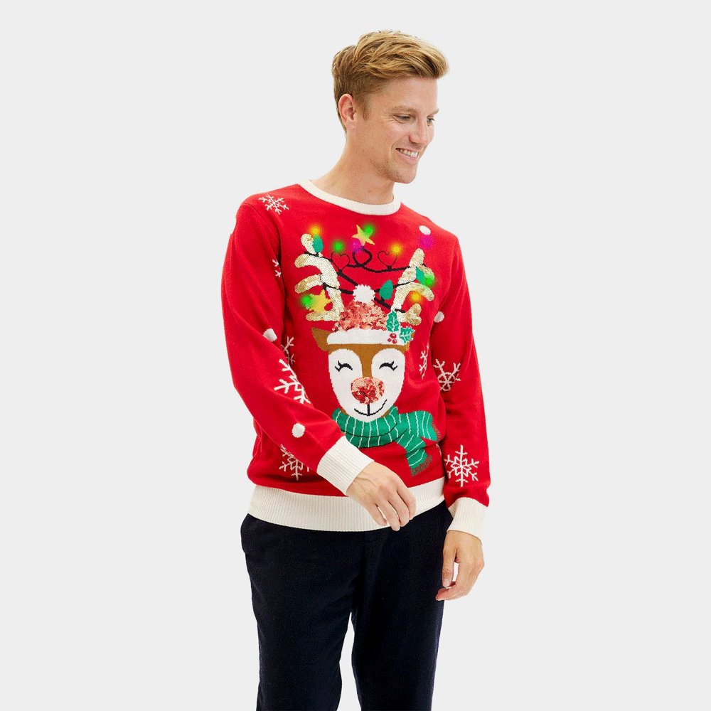 LED light-up Mens Ugly Christmas Sweater Sequin Reindeer Sparkling 
