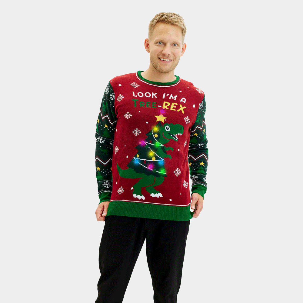 Mens Tree-Rex LED light-up Ugly Christmas Sweater