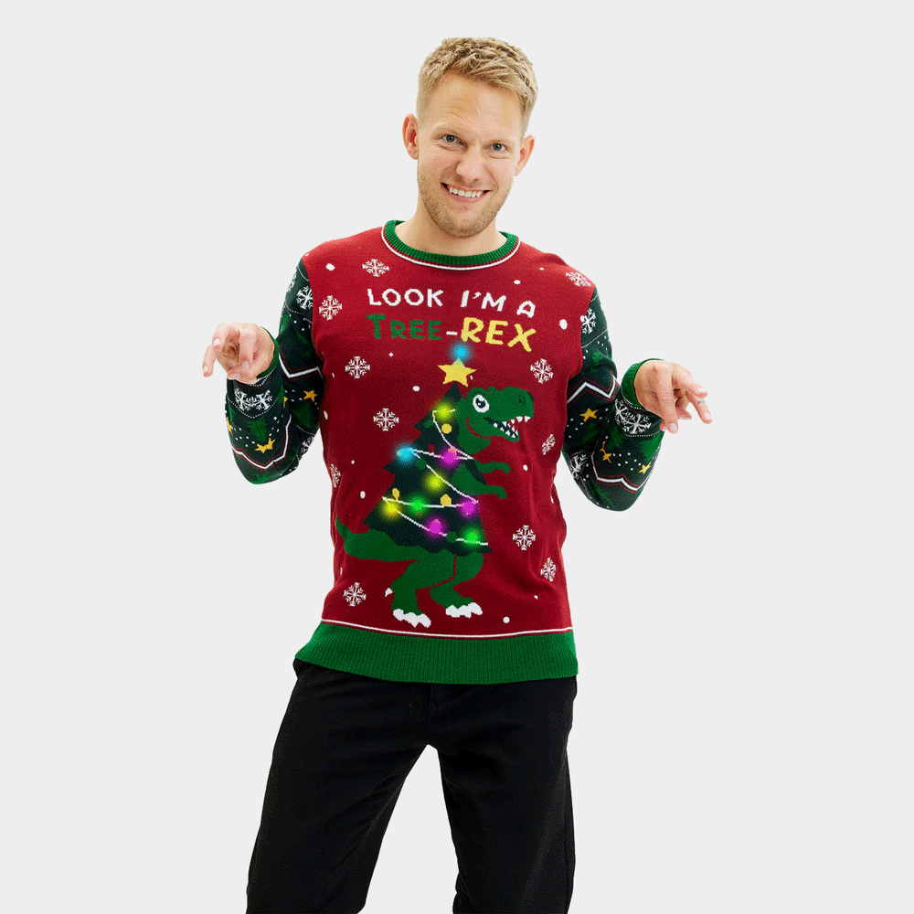Tree-Rex LED light-up Ugly Christmas Sweater Mens 