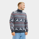 Organic Cotton Men's Grey Ugly Christmas Sweater with Reindeers Turtleneck 