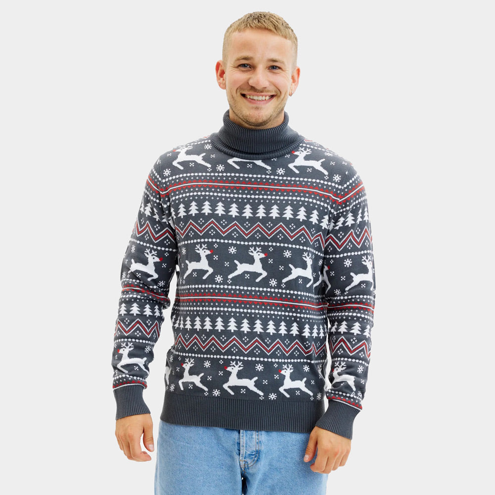 Turtleneck Organic Cotton Men's Grey Ugly Christmas Sweater with Reindeers