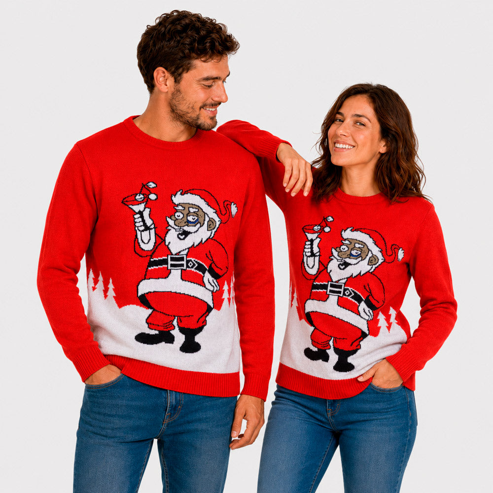 Ugly Christmas Sweater with Santa drinking a Martini couple
