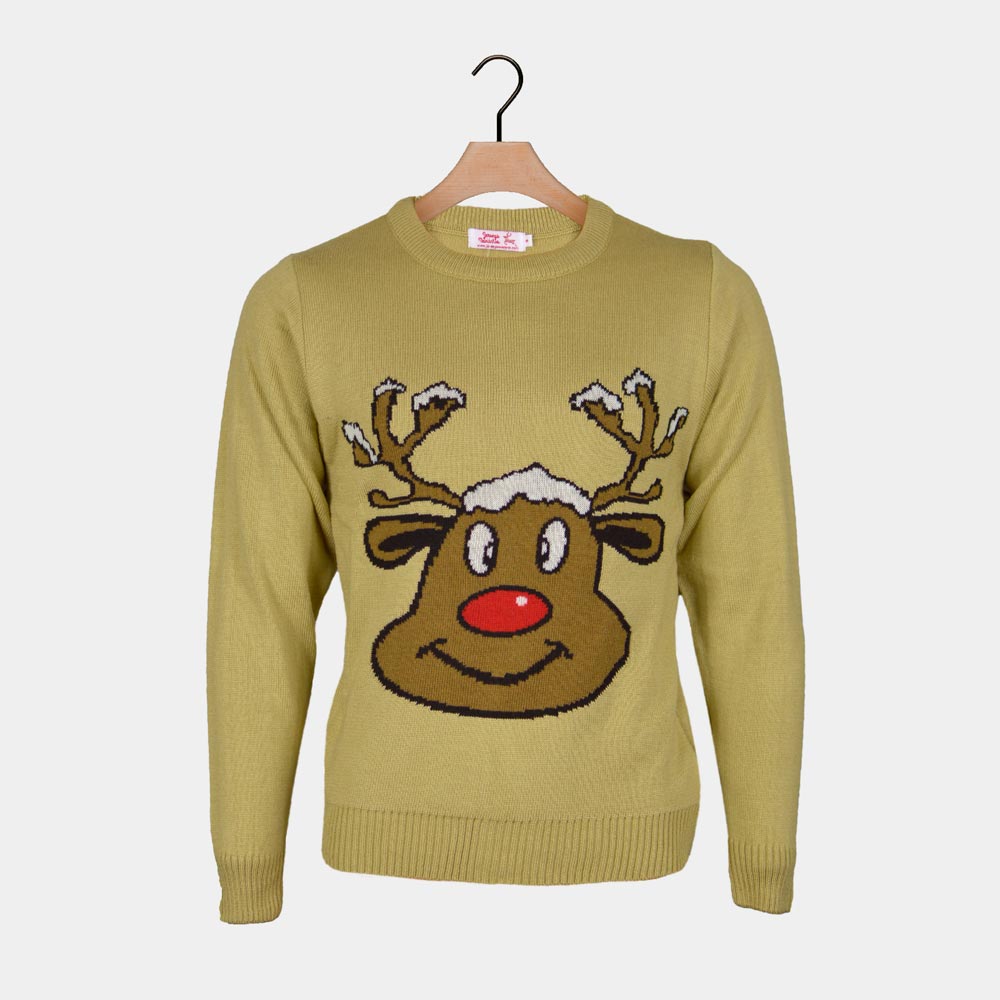 Beige Ugly Christmas Sweater with Smiling Reindeer
