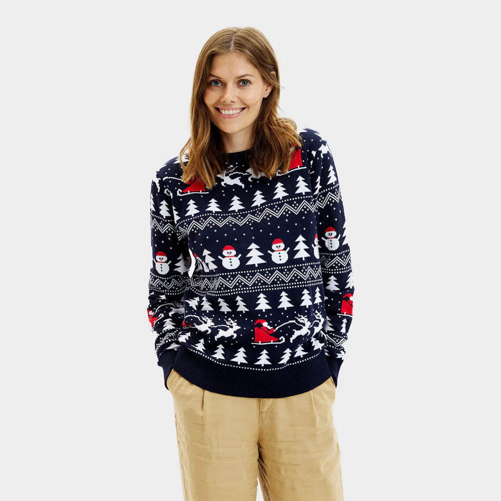 Ugly Christmas Sweater Womens with Trees, Snowmens and Santa