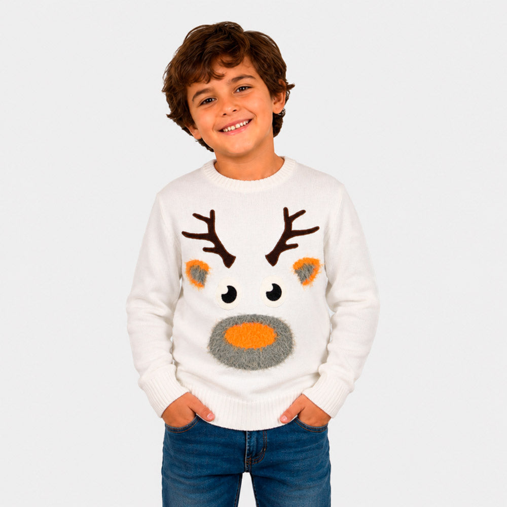 Childrens White 3D Ugly Christmas Sweater with Hairy Reindeer Boy

