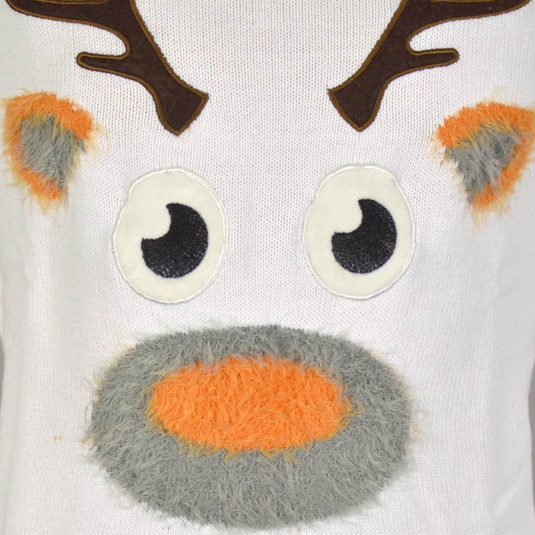 detail White 3D Couple's Ugly Christmas Sweater with Hairy Reindeer