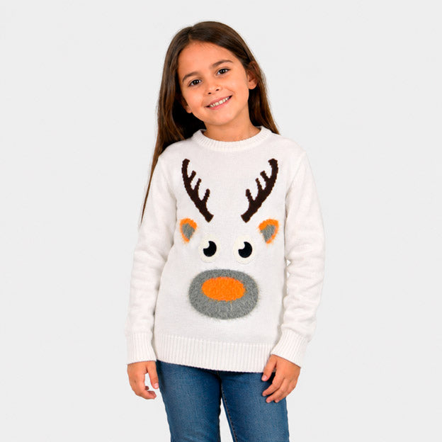 Matching Family White 3D Cotton Ugly Christmas Sweater with Hairy Reindeer Girl
