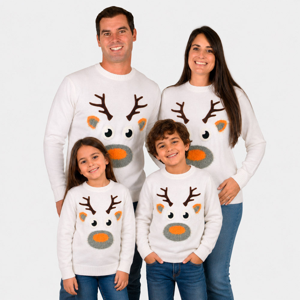 Matching Family White 3D Cotton Ugly Christmas Sweater with Hairy Reindeer

