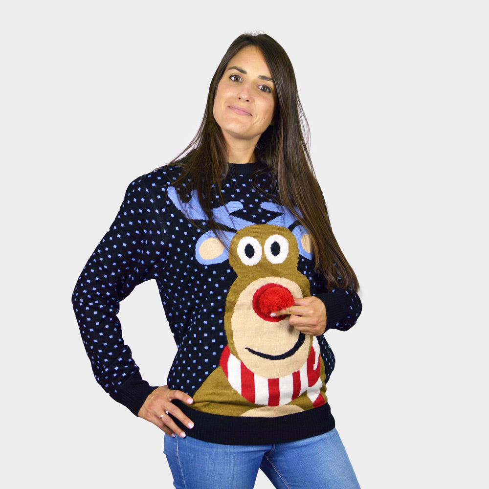 Blue 3D Couple's Ugly Christmas Sweater Reindeer with Red Nosed womens