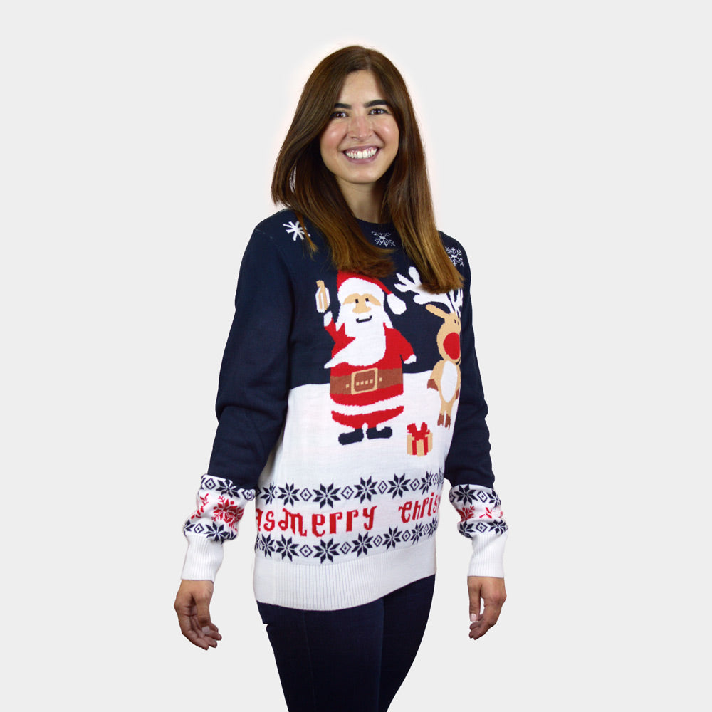 womens Blue Organic Cotton Couple's Ugly Christmas Sweater with Santa and Rudolph