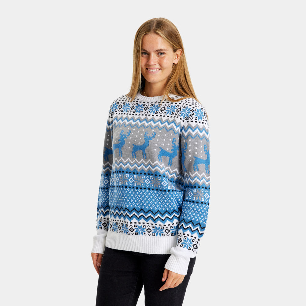 Womens Classy White, Grey and Blue Couple's Ugly Christmas Sweater with Reindeers