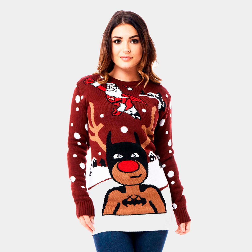 womens Couple's Ugly Christmas Sweater with Batman Rudolph and Superman Santa