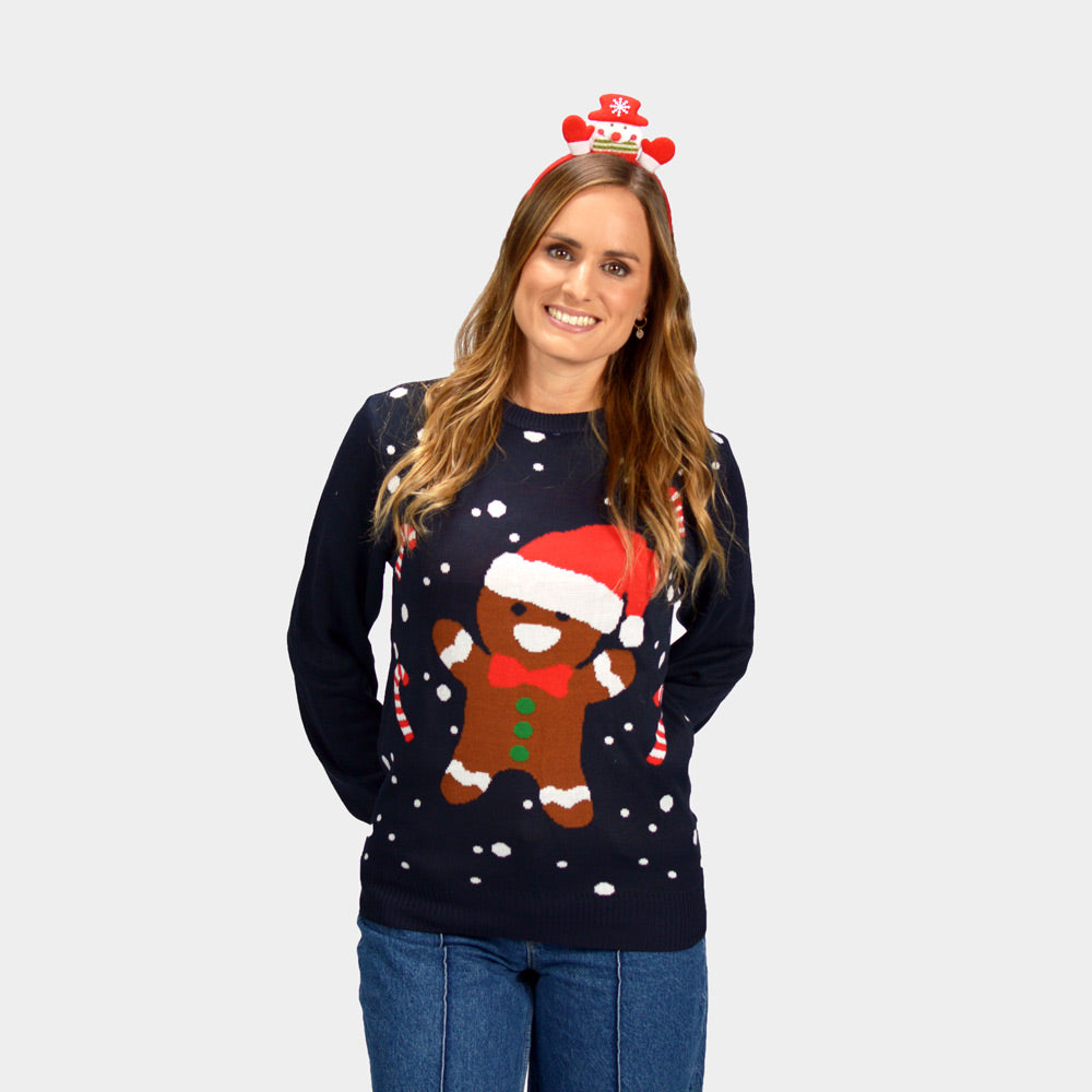Womens Gingerbread Couple's Blue Ugly Christmas Sweater
