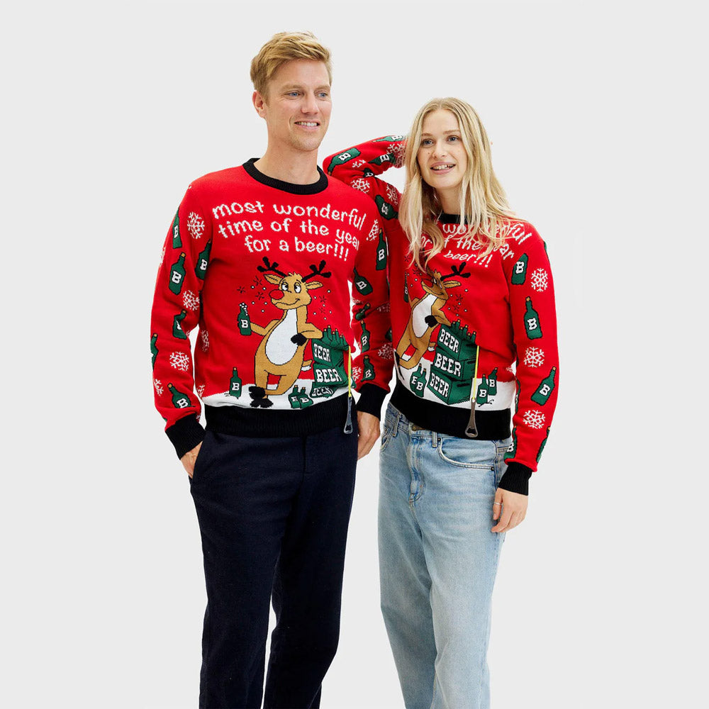 Couples Ugly Christmas Sweater with Reindeer + Beer Opener