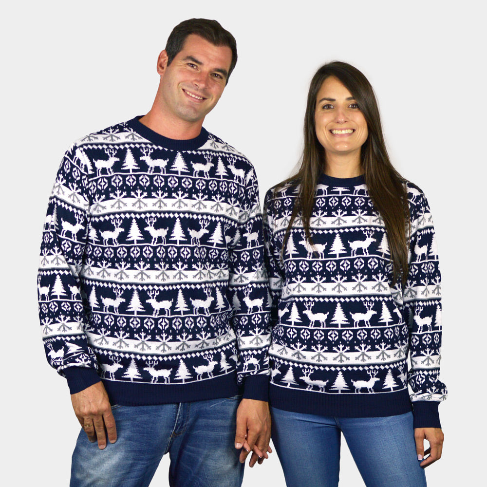 Children Mens Womens Ugly Christmas Sweater with Reindeers and Trees Strips
