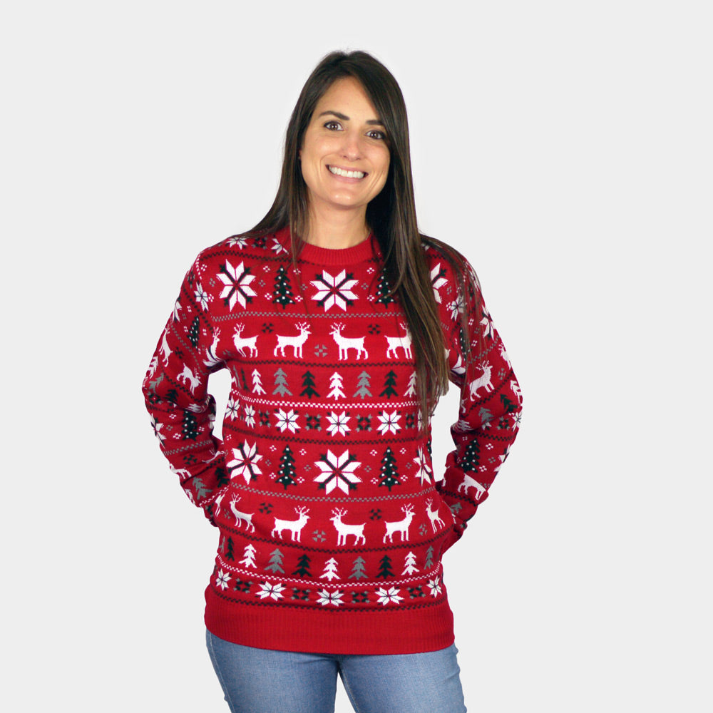 Red Children Womens Ugly Christmas Sweater with Reindeers, Trees and Polar Star