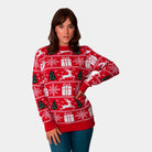 Womens Red Couple's Ugly Christmas Sweater with Reindeers, Trees and Gifts